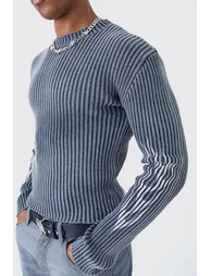 Muscle Fit Ribbed Acid Wash Knit Jumper - black