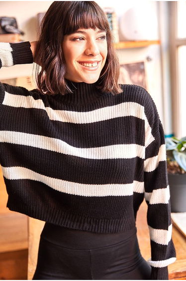 Women's Black Striped Half Turtleneck Crop Knitwear Sweater