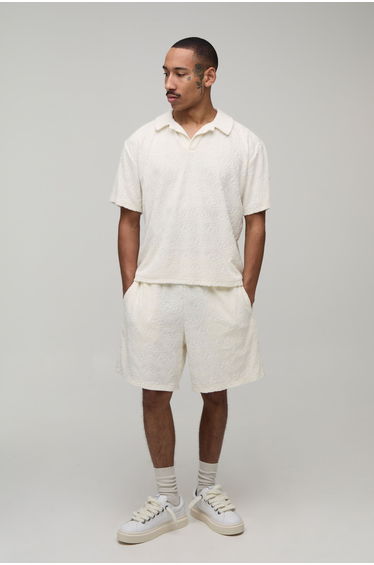 Baggy Fit BM Terry Towelling Jacquard Shorts - ecru