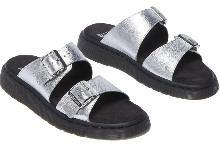 Leather Mules, Josef Slide Silver Metallic Tumble