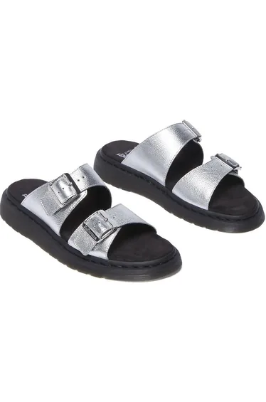 Leather Mules, Josef Slide Silver Metallic Tumble