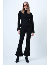 Women's black blouse with puff sleeve detail and flared leg pant set - 4