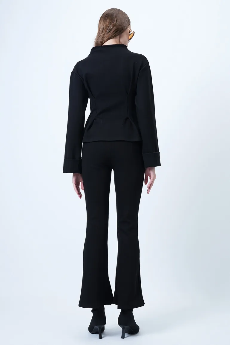 Women's black blouse with puff sleeve detail and flared leg pant set - 6