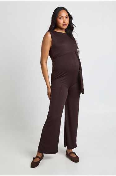 Maternity Rib Belted Sleeveless Lounge Jumpsuit - chocolate