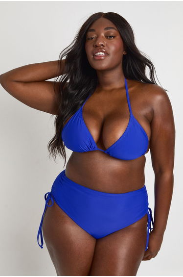 Plus Tummy Control Ruched High Waist Bikini Bottom - cobalt