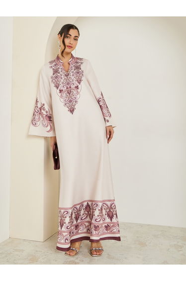 Women Beige Placement Print A-Line Jalabiya