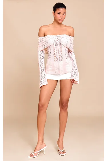 Pale Pink Fitted Lace Flared Sleeve Bardot Top