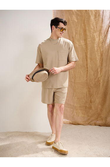Men Khaki Waffle Textured Pocket Detail Oversized T-Shirt and Shorts Co-Ords