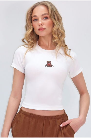 Women's White Crew Neck Teddy Bear Printed Crop Blouse