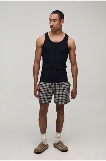 Relaxed Mid Length Micro Check Short - brown