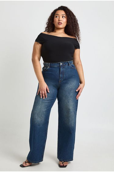 Plus Lace Trim Off The Shoulder Bodysuit - black