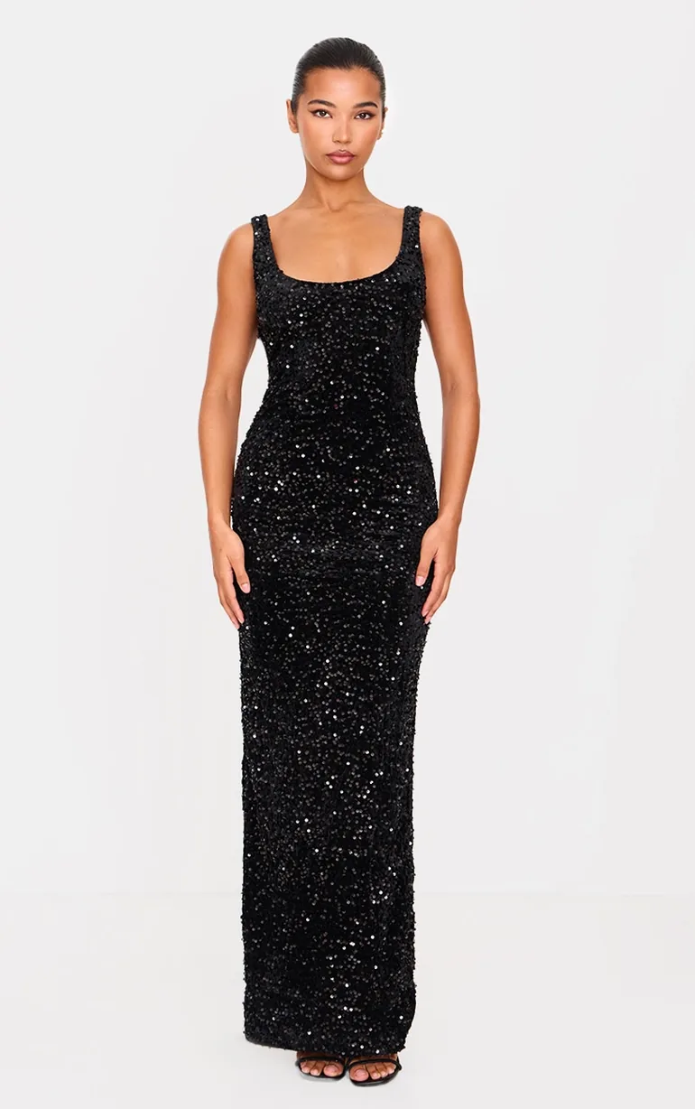 Black Velvet Sequin Embellished Scoop Back Floor Length Dress