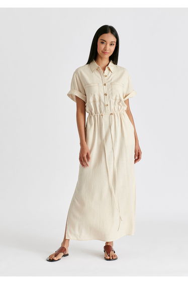 Linen Blend Shirt Dress with Stitch Details