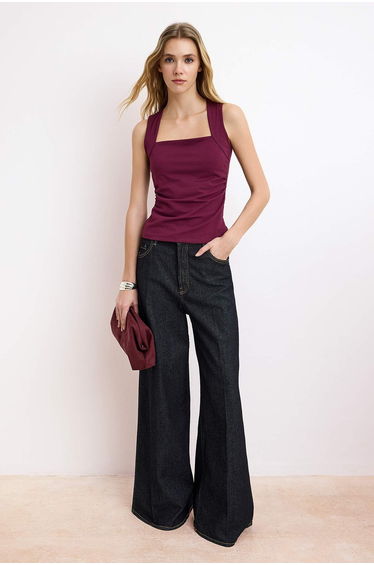 Plum Solid Square Neck Strap Drawstring Fitted/Slim Fit Stretchy Knitted Blouse