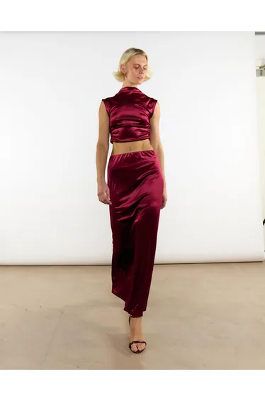 Burgundy Velvet Sleeveless Mock Neck Crop Top