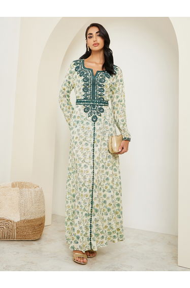 Women Floral Printed Embroidered Jalabiya