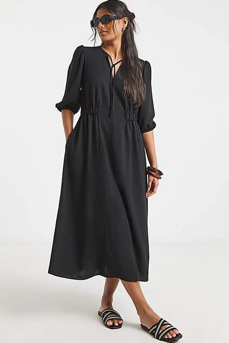 black cinched waist dress Women's Black Cinch Waist Midi Dress Small