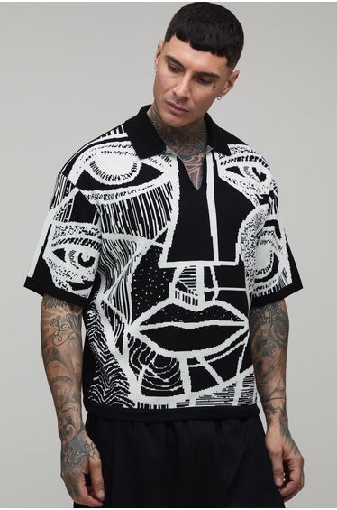 Tall Oversized Boxy Jacquard Abstract Face Knitted Polo - black