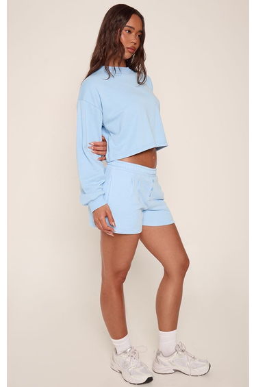 Light Blue Pleat Detail Button Up Sweat Shorts