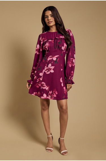 Petite Gathered Bodice Lace Back Long Sleeve Mini Dress
