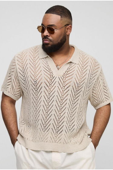 Plus Boxy Oversized Knit Polo - taupe
