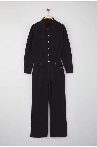 Black Shirt Collar Wide Leg Denim Overalls