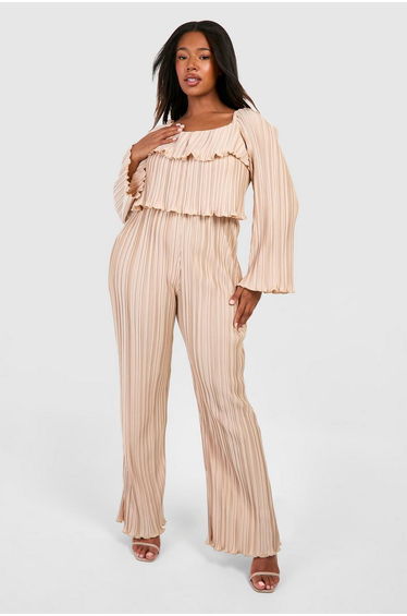 Plus Plisse Frill Detail Wide Leg Jumpsuit - champagne