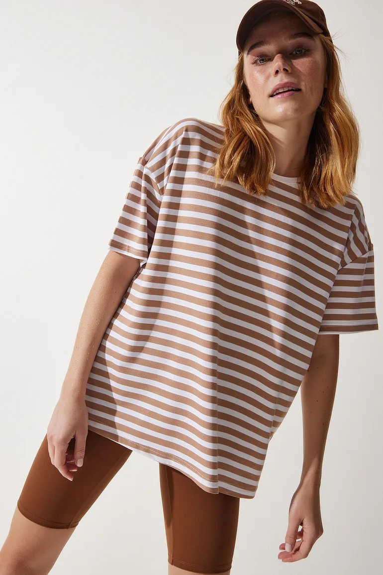 Women's Biscuit Crew Neck Striped Oversize Knitted T-Shirt - 2