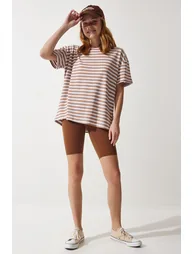 Women's Biscuit Crew Neck Striped Oversize Knitted T-Shirt