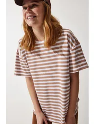 Women's Biscuit Crew Neck Striped Oversize Knitted T-Shirt - 1