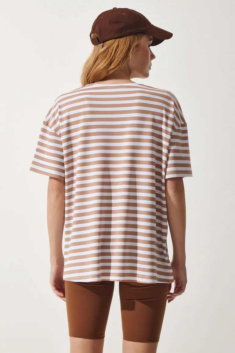 Women's Biscuit Crew Neck Striped Oversize Knitted T-Shirt - 4