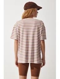 Women's Biscuit Crew Neck Striped Oversize Knitted T-Shirt - 4