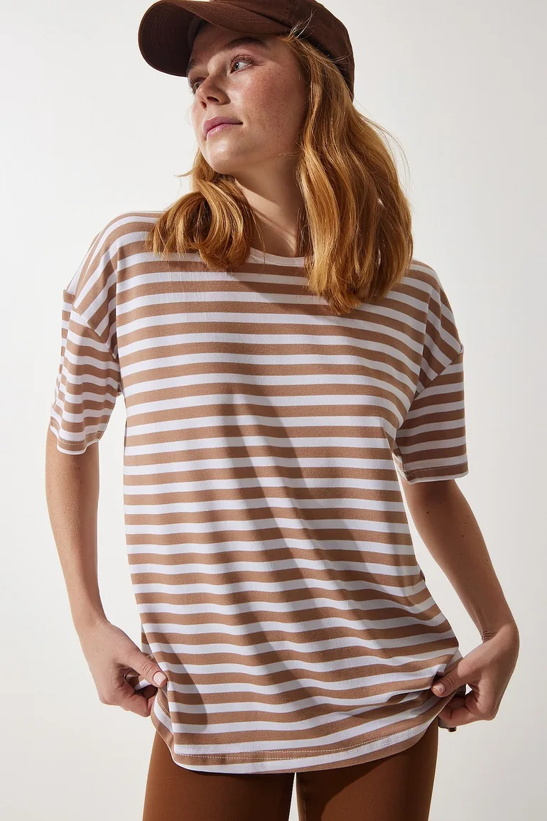 Women's Biscuit Crew Neck Striped Oversize Knitted T-Shirt - 3