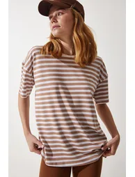 Women's Biscuit Crew Neck Striped Oversize Knitted T-Shirt - 3