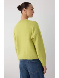 Green Alpaca Wool Blend Premium/Special Yarn Wide Pattern Basic Knit Sweater - 3