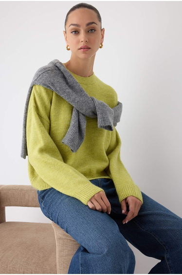 Green Alpaca Wool Blend Premium/Special Yarn Wide Pattern Basic Knit Sweater