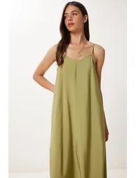 Women's Oil Green Strappy Basic Summer Modal Dress - 2