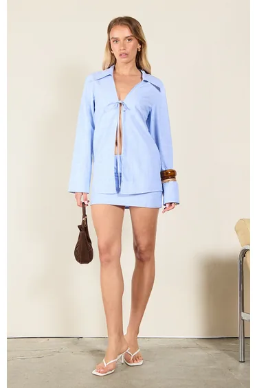 Sky Blue Striped Cotton Micro Mini Skirt