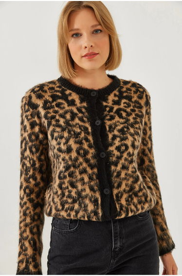 LUCCI Thick Ribbed Knitwear Cardigan with Leopard Print