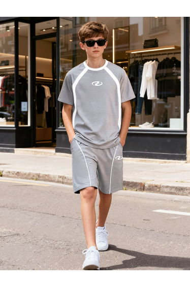 Boys Grey Color Block T-Shirt and Shorts Set