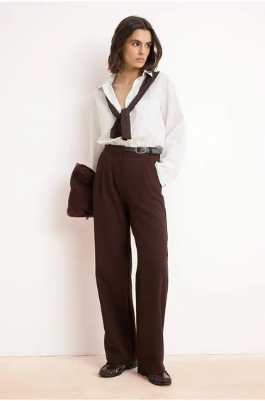 Brown Special Collection Half Belt Detailed Straight/Straight Cut Fabric Trousers