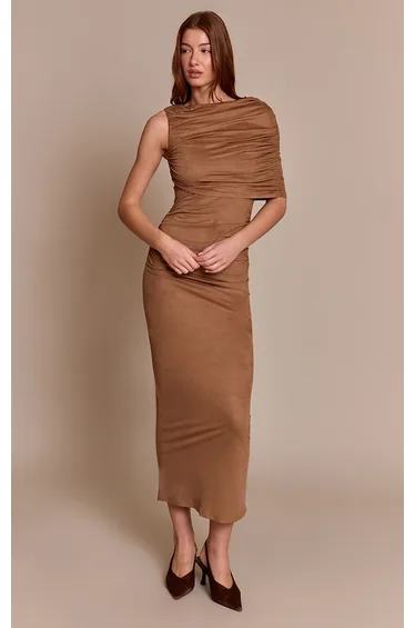 Stone Faux Suede One Shoulder Drape Detail Maxi Dress