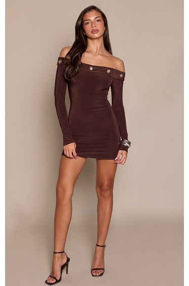 Chocolate Double Layer Slinky Eyelet Bardot Long Sleeve Mini Dress