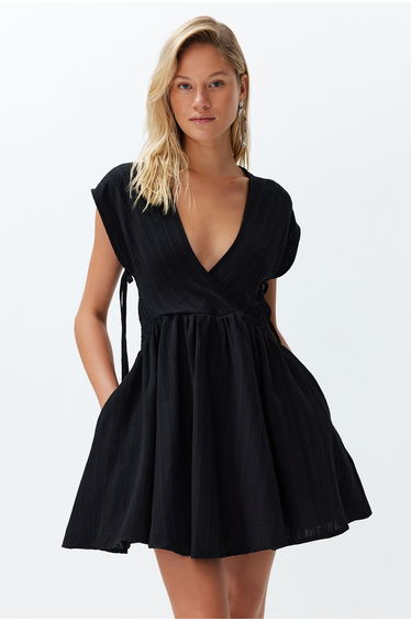 Black Mini Woven Cut Out/Window Linen Blend Beach Dress