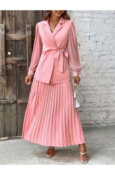 Pink Wrap Blazer and Pleated Skirt Co-ords
