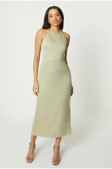 Debut London Halterneck Satin Column Bridesmaids Dress - olive
