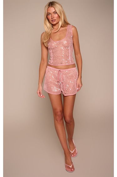 Pink Sequin Knit Mini Shorts