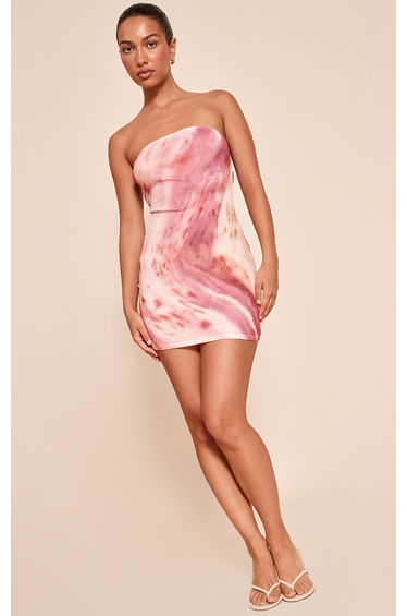 Pink Abstract Print Onion Skin Bandeau Mini Dress