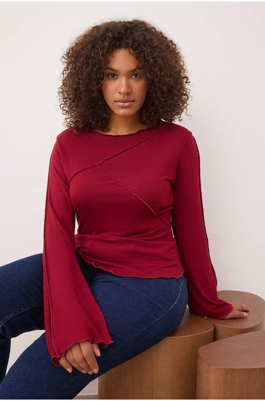 Burgundy Ribbed Detailed Spanish Sleeve Knitted Plus Size Blouse