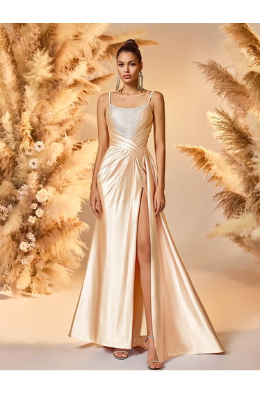 Modecrush A Line Spaghetti Ruched Prom Evening Dress